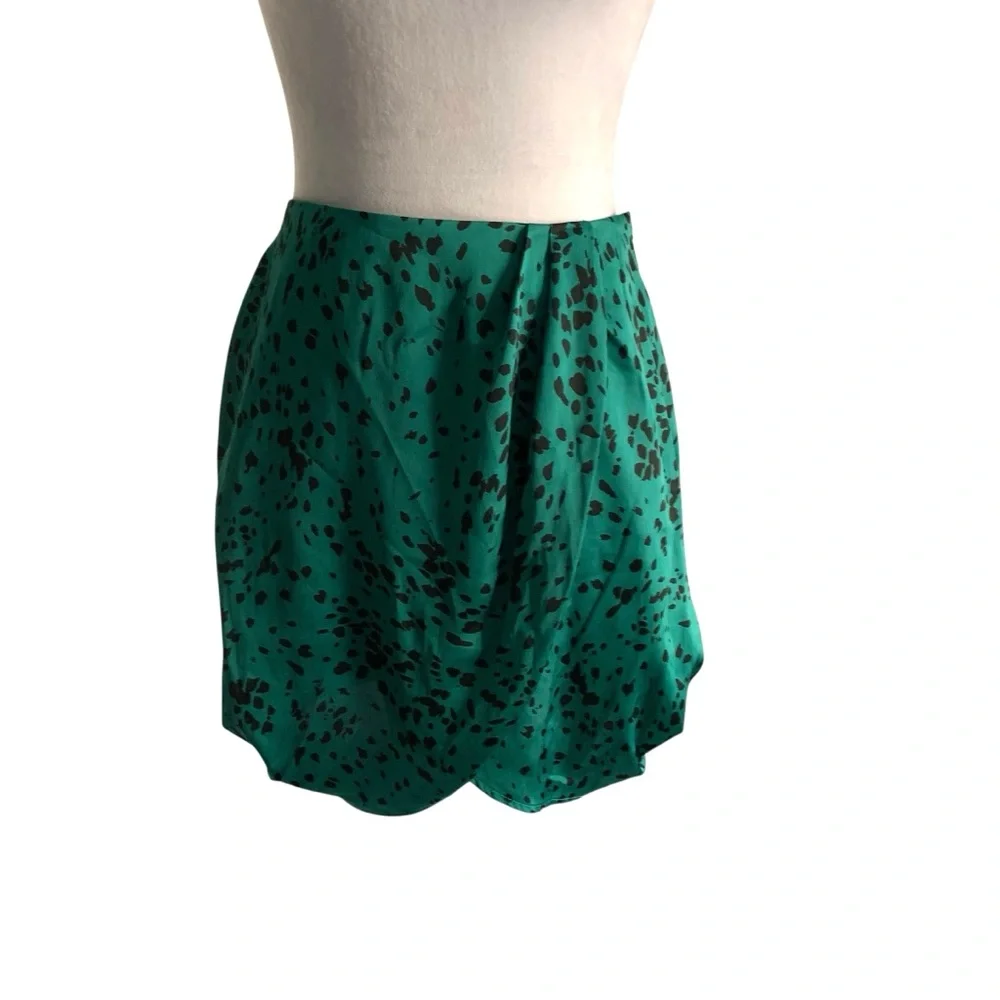 L'Academie Womens Small Spotted Animal Print Teal & Black Satin Tulip Mini Skirt